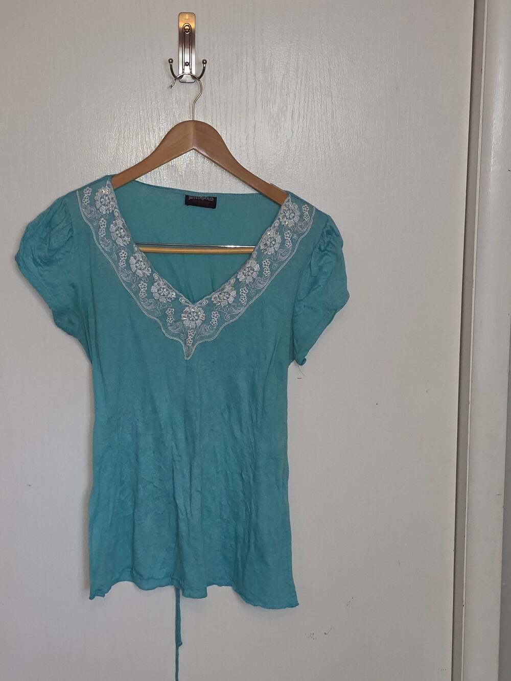 Hotiatempered Blue Embroidered V-Neck Short Sleeve Top with Sequins